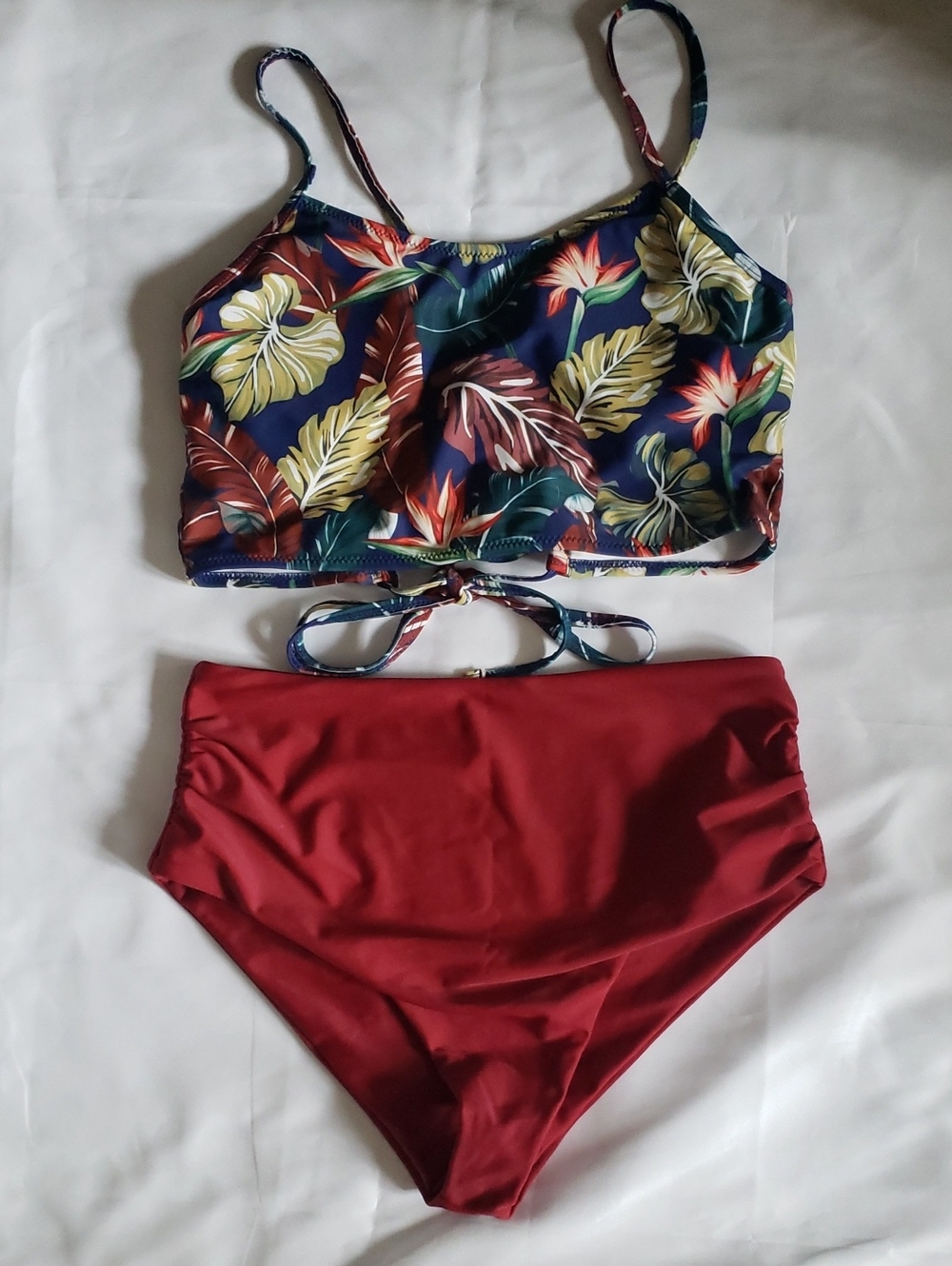 M Zaful Navy Tropical Floral Crop Bikini Top with Burgundy High-Waist Bottoms 6